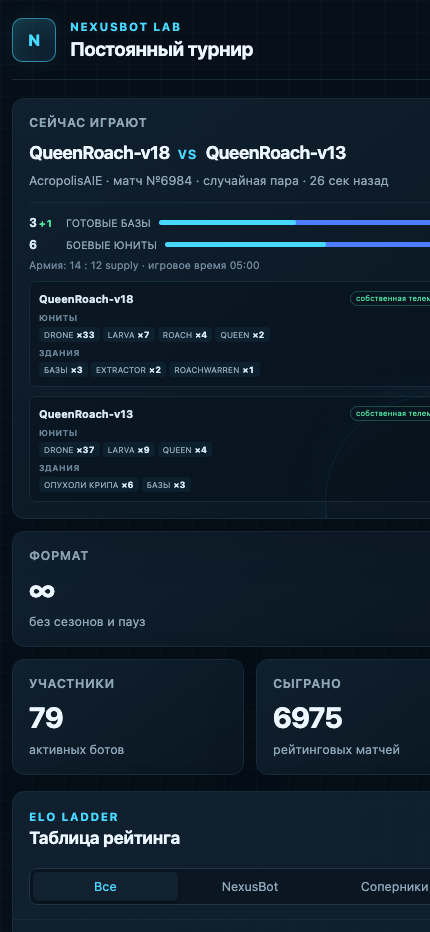 Mobile view of the live NexusBot tournament